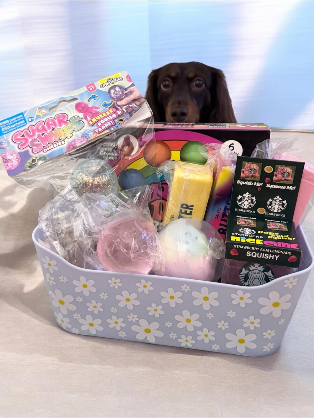 Squishy Variety Gift Basket - Pastel Purple Daisy Bin with Assorted Squishies